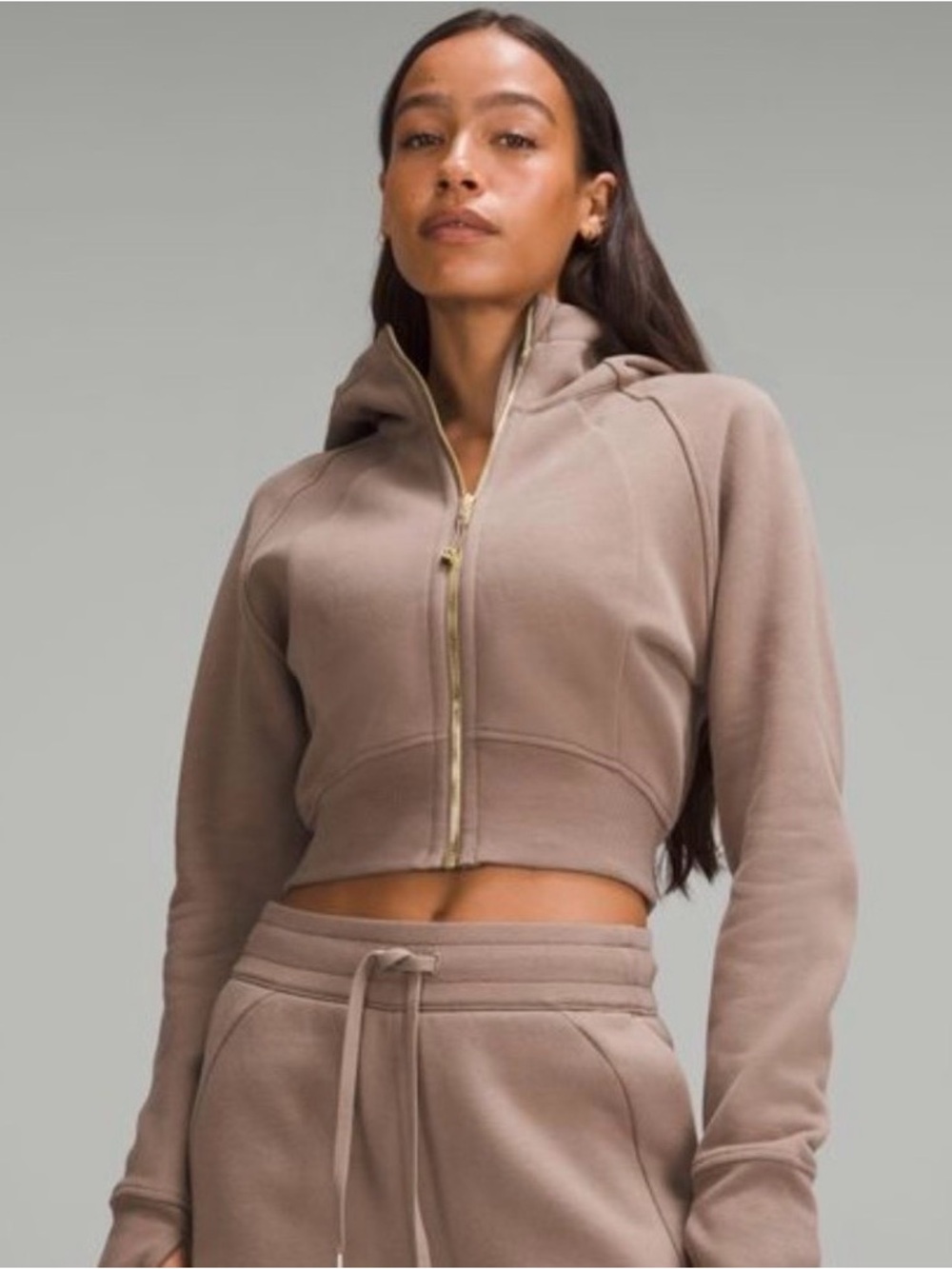 lululemon athletica cropped Scuba Hoodie Light Brown, Gold Zip - SOFT!